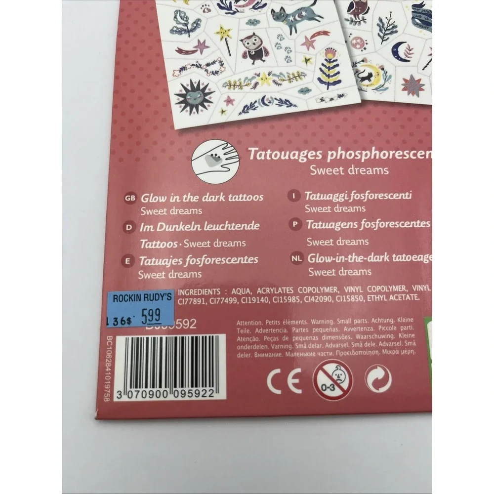 Djeco Glow In The Dark Temporary Tattoos Kids Animals Sun Moon Stars NEW